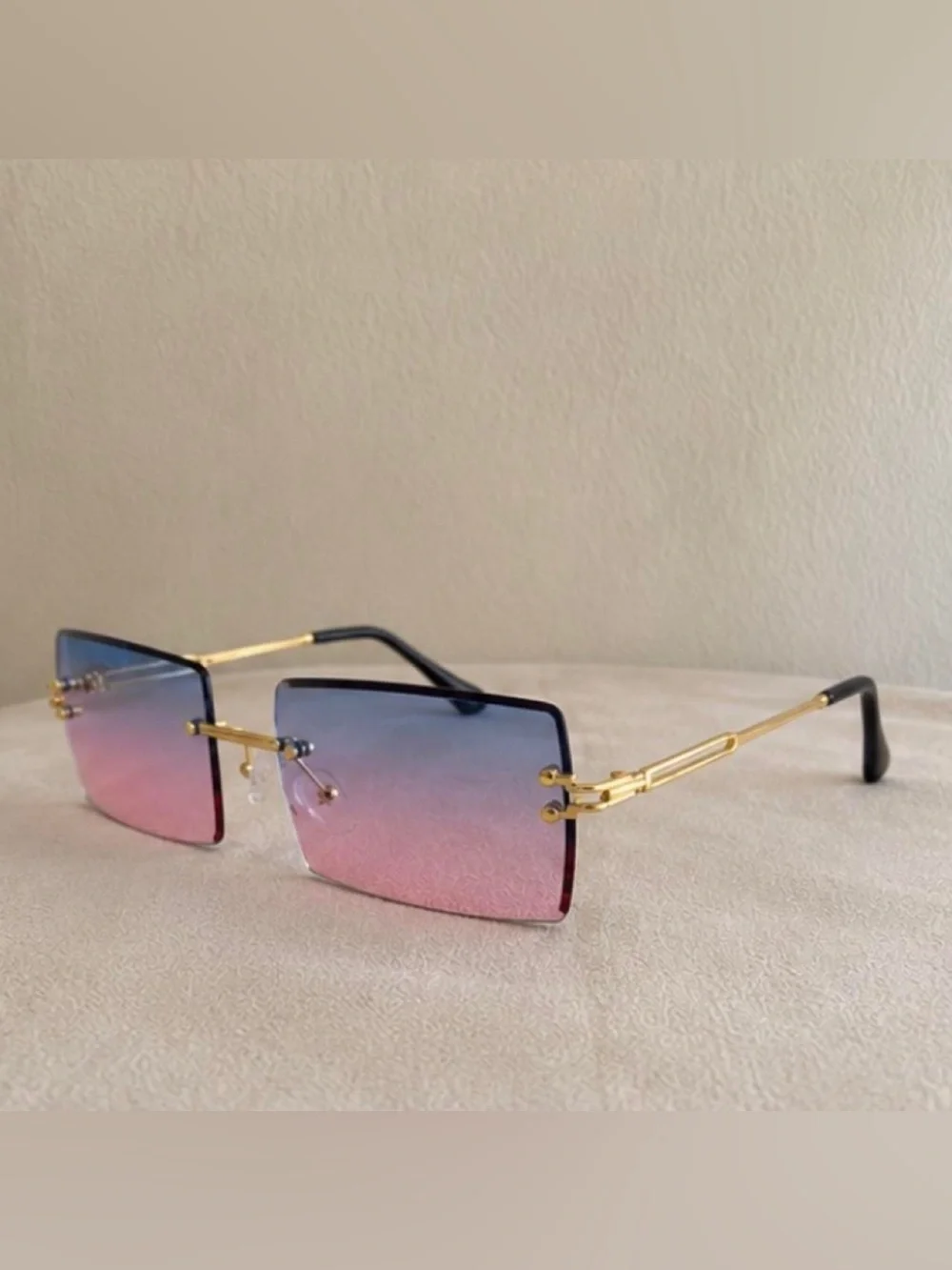 Blue Pink Gradient Rimless Square Sunglasses Gold Frame Women